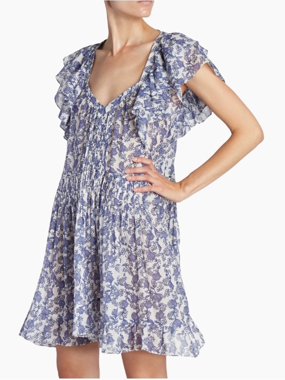 Isabel Marant Étoile Godrana Flutter-Sleeve Blue Floral Ruffle-Sleeve Dress S 44